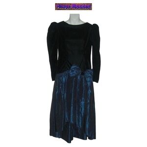 Vintage 90's Black Velvet Party Dress Blue Tafetta Bow Hi Lo Puff Shoulder Shiny